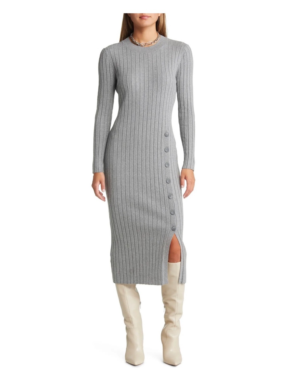 Long Sleeve Ribbed Midi Dress with Side Buttons - Gray